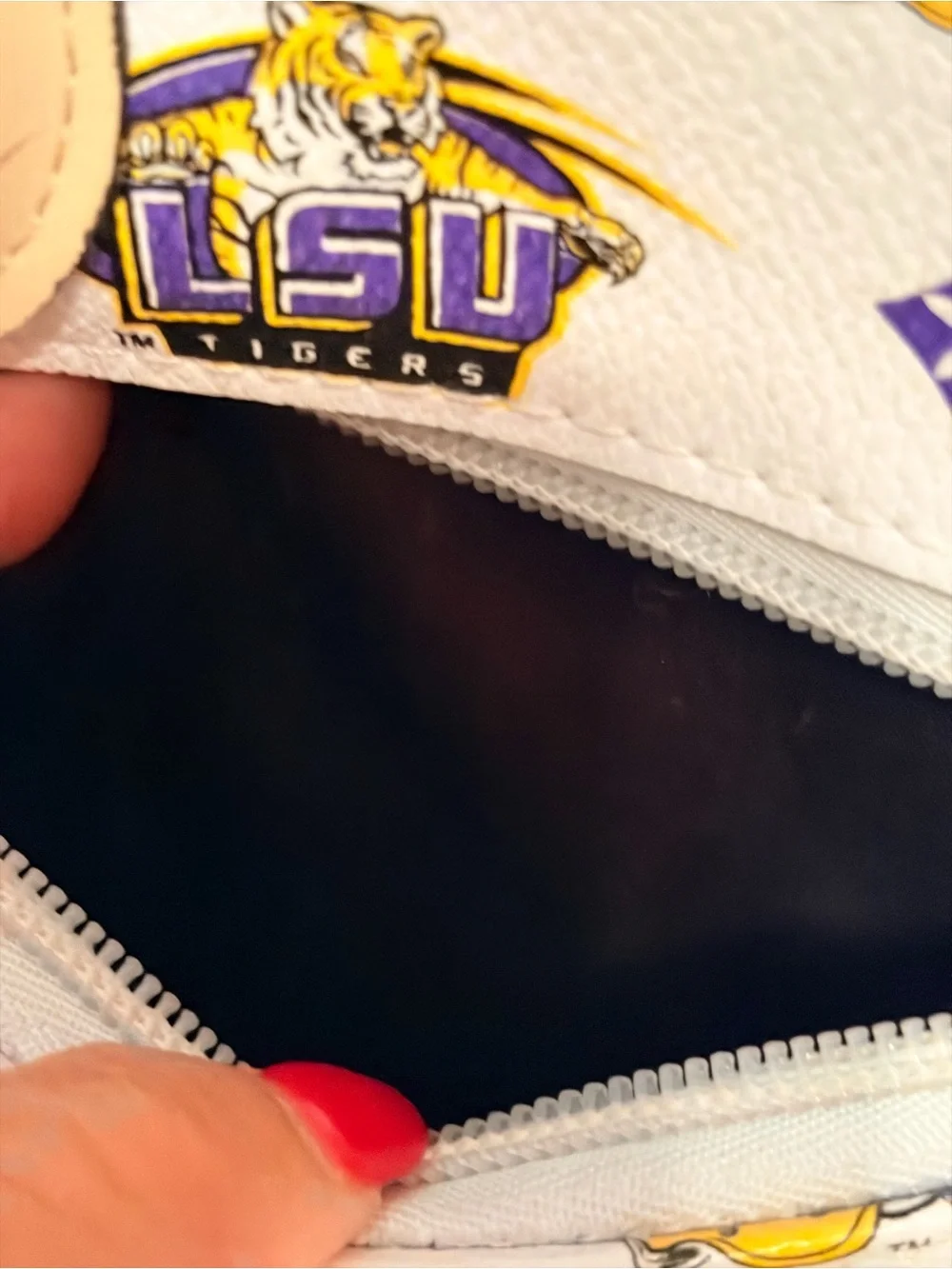 LSU Themed White & Tan Satchel Bag with Bow Accent & matching accessory pouch